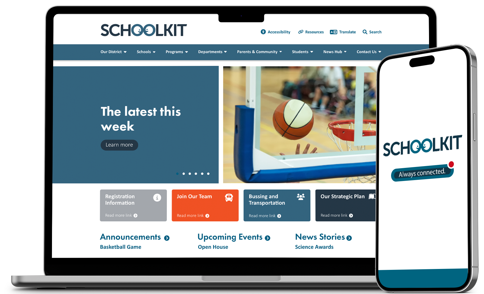 A laptop and mobile screen showing the schoolkit website
